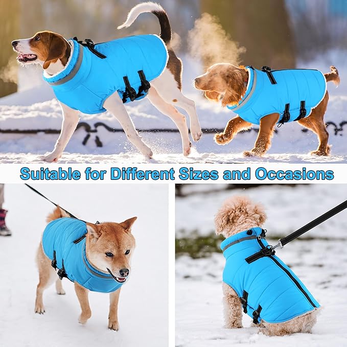 Dogcheer Dog Coat with Harness, Waterproof Dog Jacket Adjustable Pet Winter Coat with Zipper, Christmas Puppy Snow Jacket Fleece Sweater for Small Medium Large Dogs - Sky Blue 3XL