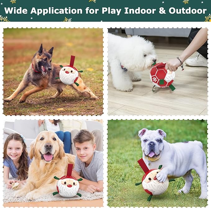 QDAN Christmas Dog Balls with Straps, Soccer Ball for Dogs for Small Medium Breed, Tug Toys for Dog Birthday, 6 Inch Outdoor Dog Toys for Fun