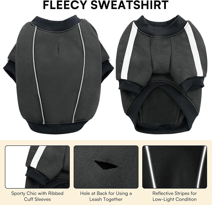 Queenmore Fleece Dog Sweater for Male Dogs, Soft Pullover Dog Sweatshirt with Leash Hole/Reflective Stripes – Cozy Winter Fleece Jacket for Small Medium Large Boy Puppy, Grey L