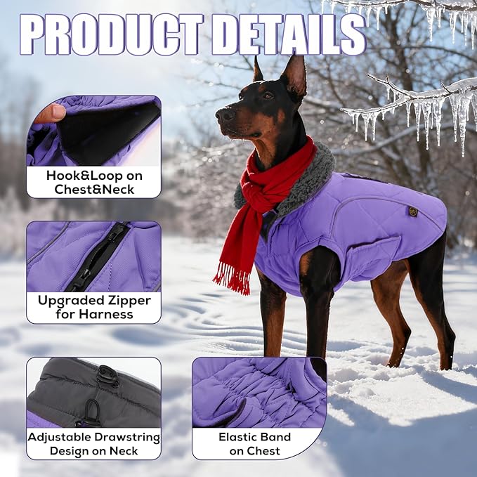 EMUST Dog Winter Jackets, Small/Medium/Large Dog Coat for Winter, Pet Cold Jacket for Large Dogs, Purple, XL