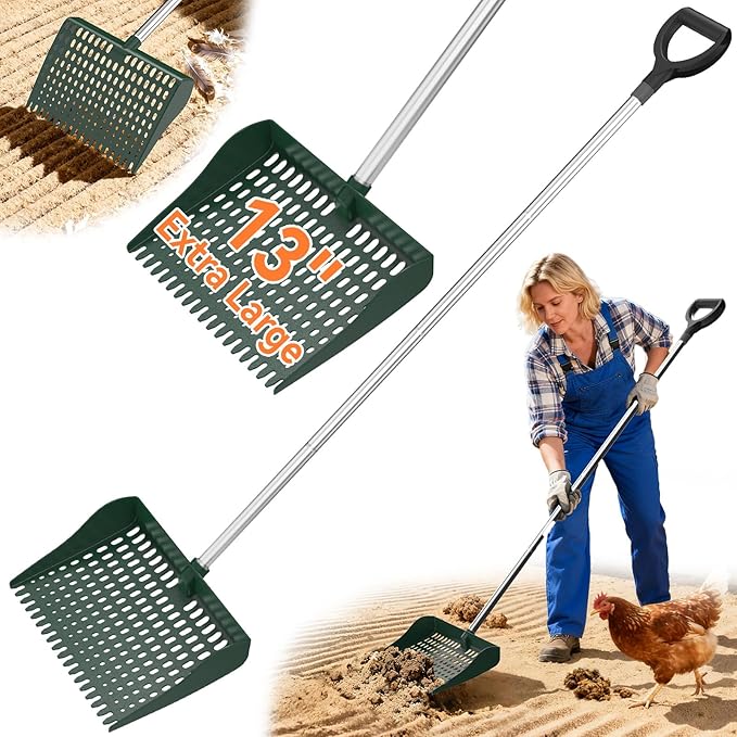 Chicken Poop Scooper & Rake 2-in-1, Pooper Scooper with 13in Wider PP Head & Adjustable Stainless Steel Handle, 33''-69'' Sand Sifting Shovel Litter Scooper for Chicken Coop/Small Farm Animals