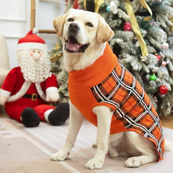 PUPTECK Dog Sweaters for Large Medium Small Dogs - Fall Classic Plaid Style Puppy Holiday Winter Coat Clothes Warm, Reddish Orange, XL