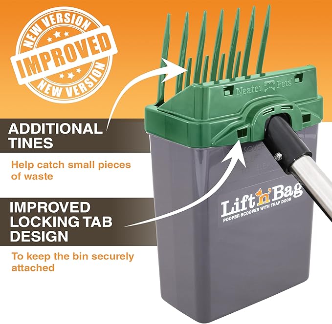 Neater Pet Brands Lift N’ Bag 2.0 Dog Pooper Scooper with Bag Attachment & 27" Pole for Small to Large Dogs, New & Improved Design, 60 Refill Bags, Heavy Duty Dog Poop Scooper for Yard, One-Hand Use