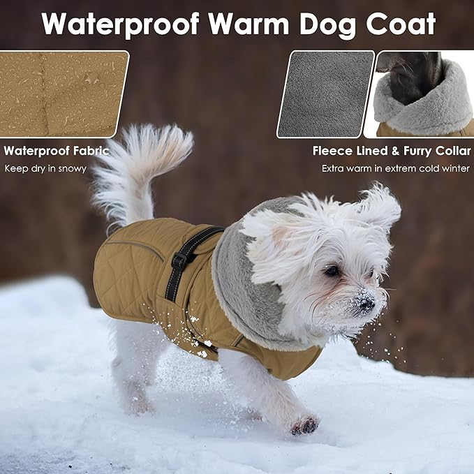 Dog Coat, Waterproof Dog Winter Jacket with Adjustable Buckle, Reflective Turtleneck Pet Snow Vest Warm Fleece Sweater for Small Medium Large Dogs - Khaki, M