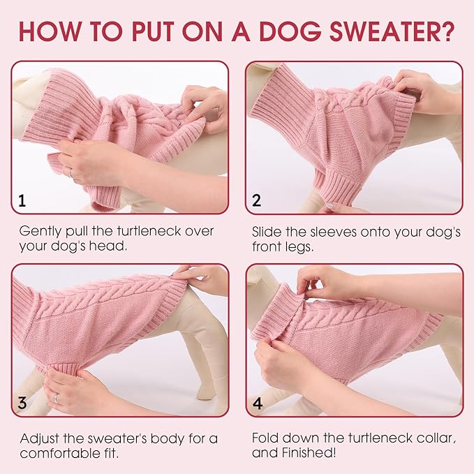 Dog Sweaters for Small Dogs Classic Turtleneck Dog Christmas Sweater Thick Warm Pullover Female Puppy Pet Stretch Knitwear Fall Winter Clothes with Leash Hole(Pink, S)