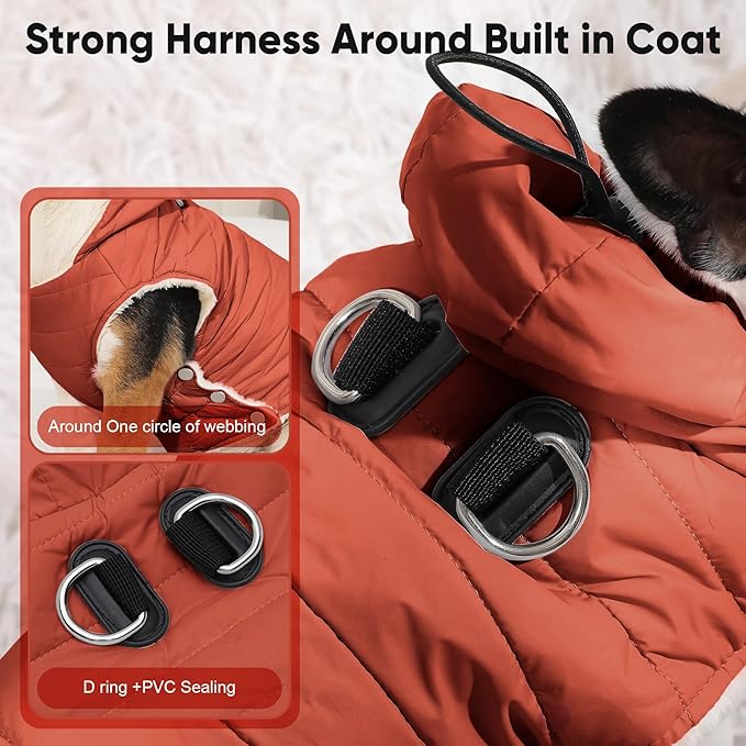 Fleece Lining Dog Hoodie with Harness Built in,Extra Warm Medium Dog Jacket in Winter Doggie Coats with Drawstring Hooded,Orange L