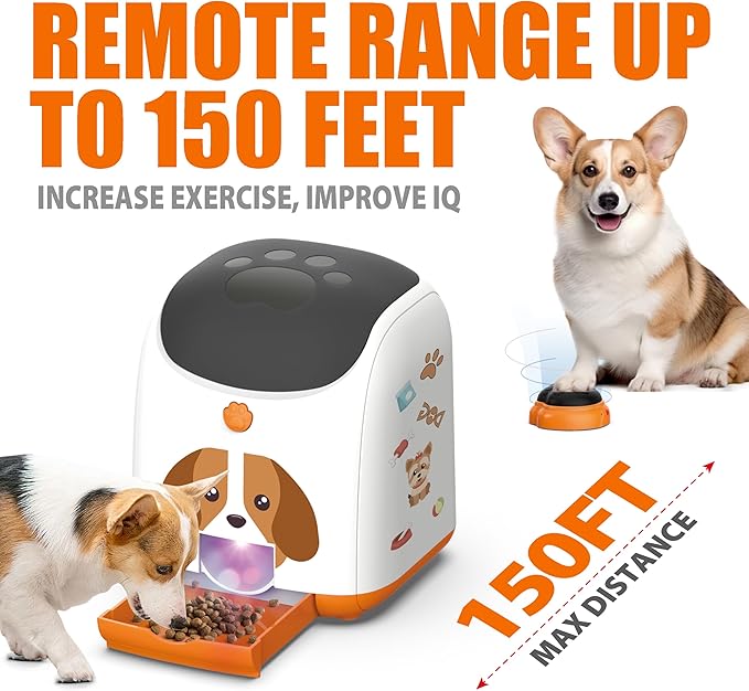 Dog Puzzle Feeder Toy, Automatic Dogs Treat Dispenser,Interactive IQ Training, Dog Slow Feeder,Remote Button Treat Dispenser,All Breeds,Large Capacity with Light (Orange)