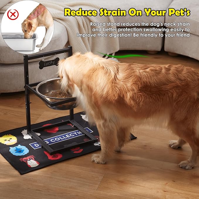 1.6Gallon Elevated Dog Water Bowl for Large Dogs, Height Adjustable (10-17.8in) Raised Stainless Steel Bowl with Spill-Proof Mat & Sturdy Metal Stand, Easy-Clean Feeder for Indoor/Outdoor Use