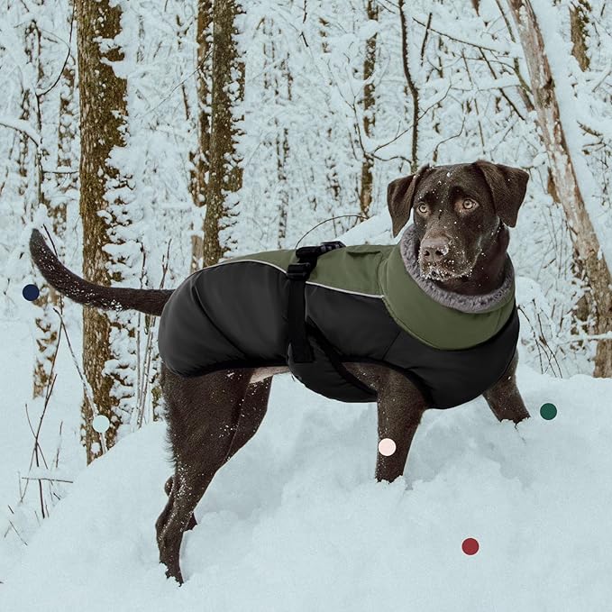IECOii Extra Warm Dog Coat Reflective Adjustable Winter Jacket with Buckle Fleece Turtleneck for Cold Weather, Soft for Small Medium Extra Large Dogs, Army Green