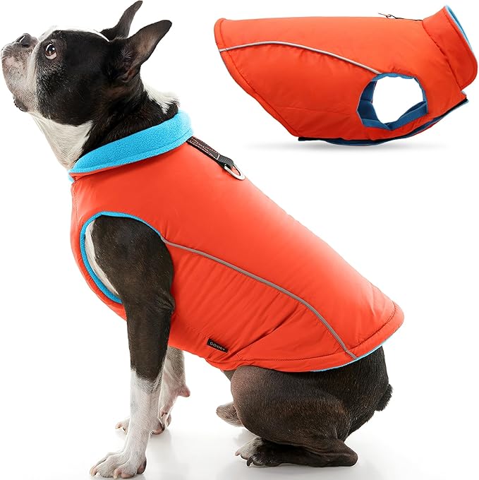 Gooby Sports Vest Dog Jacket - Orange, Small - Reflective Dog Vest with D Ring Leash Warm Fleece Lined Hook and Loop Closure for Small to Medium Dogs