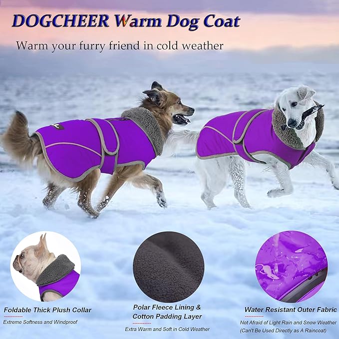 Dogcheer Dog Coat, Waterproof Dog Jacket Reflective Pet Winter Coat with Adjustable Hook & Loop, Christmas Puppy Fleece Jacket Warm Turtleneck Snowsuit for Small Medium Large Dogs - Purple, S