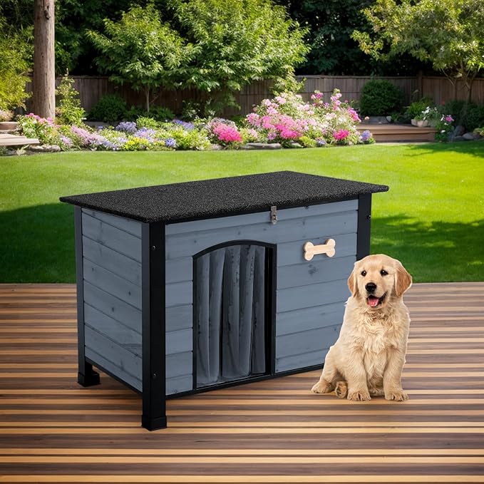 Outdoor Dog House, Small Wooden Dog House with Anti Bite Iron Frame Weatherproof Finish Outside Paw Print Dog Crate for Large and Medium Dogs, Grey