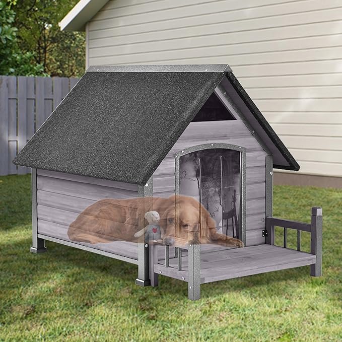 Dog House with Heating Pad, Weatherproof Outdoor Kennel for Large Dogs, Chew-Resistant Iron Frame & Asphalt Roof (Grey, L)