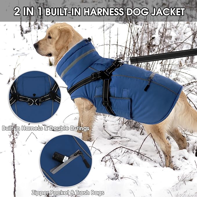 PETDSH Dog Coat Large, Built-in Harness Dog Jacket with Warm Fleece Lining, Waterproof Reflective Dogs Winter Coat, Pet Coats with Pocket and Trash Bags (Navy Blue, XXX-Large)