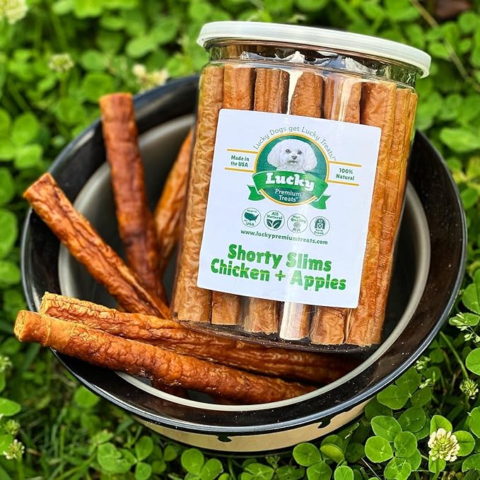 Lucky Premium Treats Lucky Shorty Slims - Apple and Chicken Jerky Dog Treats, Crunchy Dog Chew Sticks with Real Chicken and Apple for Small to Large Dogs (7 Count)