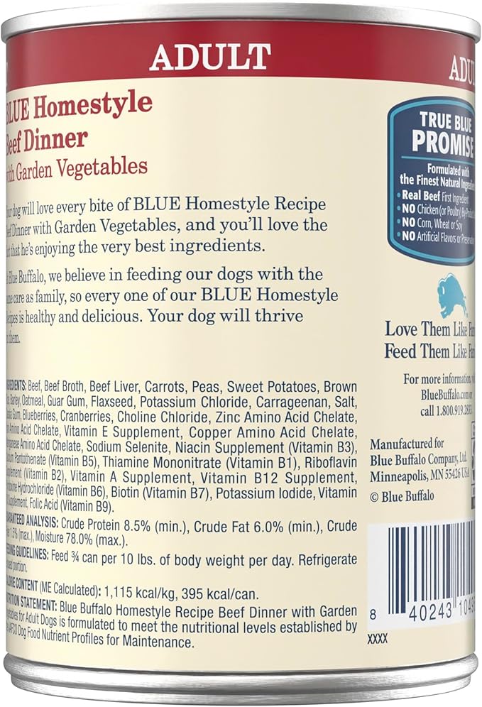Blue Buffalo Homestyle Recipe Adult Wet Dog Food, Made with Natural Ingredients, Beef Dinner With Garden Vegetables, 12.5-oz Cans (12 Count)