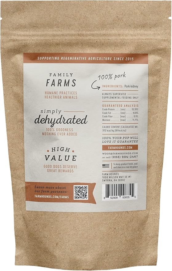 Farm Hounds - Pork Kidney - Premium Natural Jerky for Dogs - Made from 100% Humanely Raised Pork- Organ Treats - Great for Training & Treats - No Added Fillers - Made in USA - 4oz -1 Pack