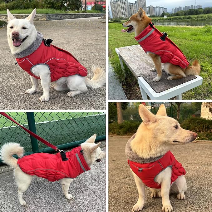 Malier Dog Coat, Reflective Dog Jacket Waterproof Windproof Puppy Cold Weather Coats with Harness Built in, Winter Extra Warm Pet Coat Fleece Vest for Small Large Pets and Puppy (Red, XX-Large)
