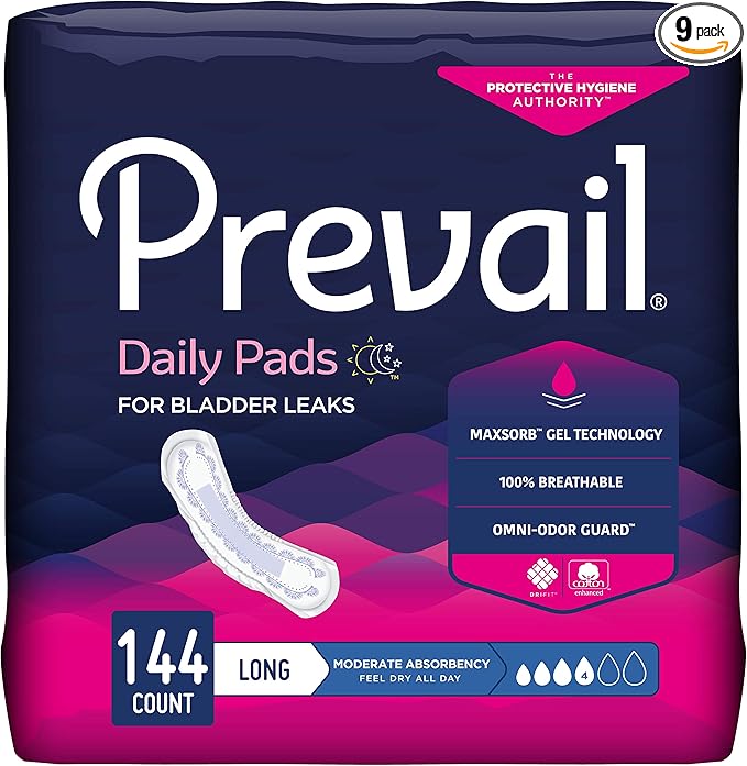 Prevail - Incontinence Bladder Control Pads for Women - Moderate Absorbency - Long Length - 144 Count (9 packs of 16)