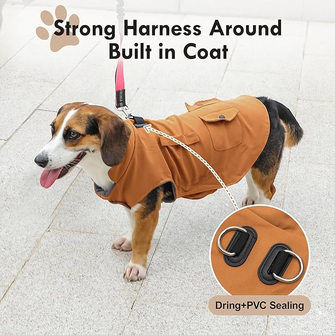Workwear Style Dog Coats with Harness Built in for Small Dogs Windproof Warm Puppy Jacket with Storage Pockets for Cold Winter,BrightBeige XXL