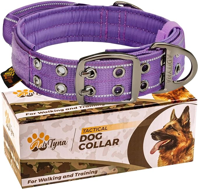 ADITYNA Heavy Duty Dog Collar for Large Dogs - Reflective Purple Collar with Handle for Training, and Walking - Wide, Thick, Tactical, Soft Neoprene Padded