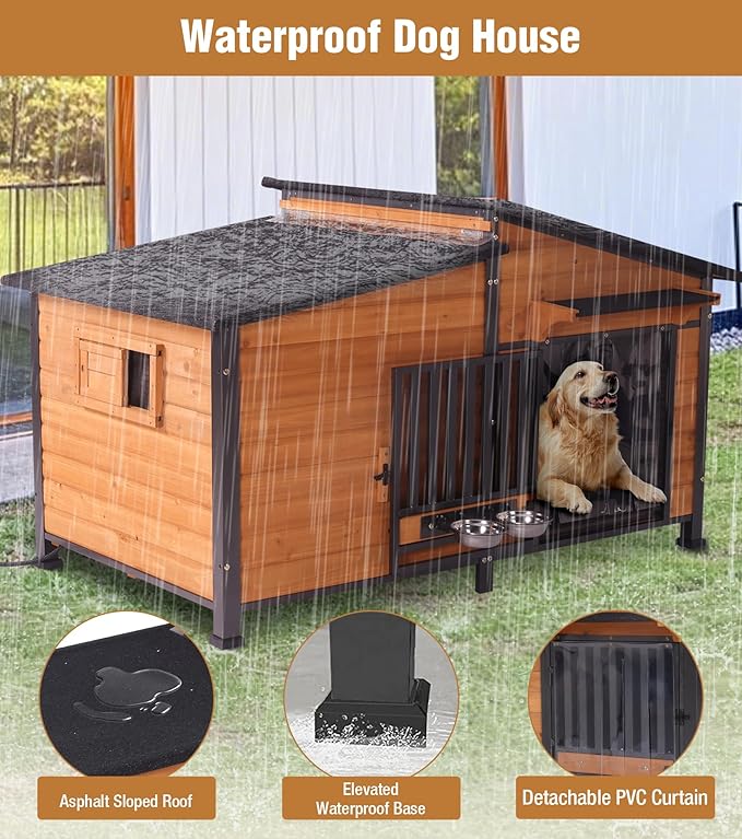GUTINNEEN Extra Large Heated Dog House Outdoor with Chew-Proof Iron Frame, Waterproof Dog Kennel with Smart Heating Pad, 360° Rotating Feeding Bowl, for Large Dog Breeds
