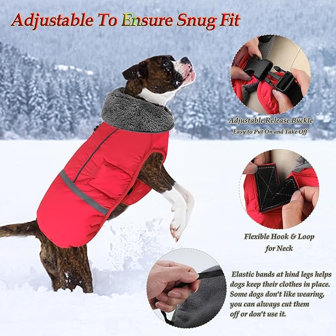 Dogcheer Warm Dog Coat, Christmas Dog Jacket Waterproof Puppy Winter Coat with Buckles, Reflective Adjustable Pet Snow Jacket Turtleneck Fleece Sweater for Small Medium Large Dogs - Red, S