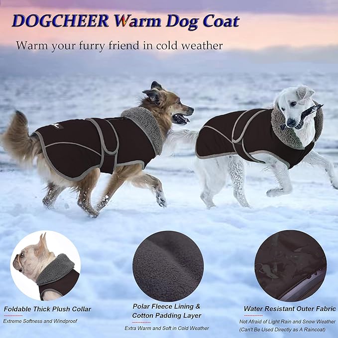 Dogcheer Dog Coat, Waterproof Dog Jacket Reflective Pet Winter Coat with Adjustable Hook & Loop, Christmas Puppy Fleece Jacket Warm Turtleneck Snowsuit for Small Medium Large Dogs - Black, L