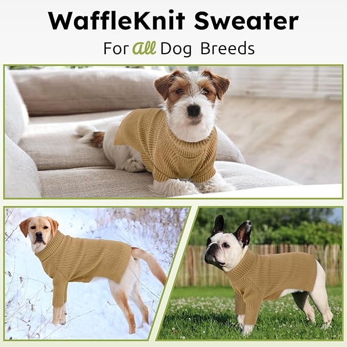 Queenmore Large Dog Sweater, Long Sleeve Knitted Dog Sweater with Check Pattern, Fall Winter Warm Pet Sweaters, Solid Pull-on Pet Sweater for Cats, Brown L