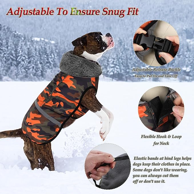 Dogcheer Warm Dog Coat, Waterproof Dog Jacket Christmas Puppy Winter Coat with Buckle, Reflective Adjustable Pet Snow Jacket Turtleneck Fleece Sweater for Small Medium Large Dogs - Orange Camo, 3XL