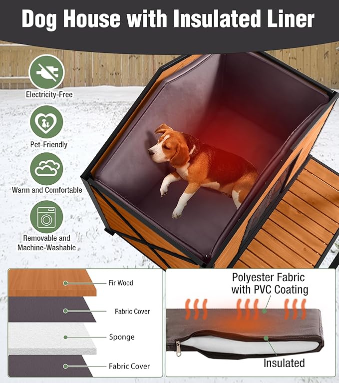 Insulated Dog House, Outdoor Dog House for Winter, Weatherproof Wooden Dog Kennel with Porch, Iron Frame, Openable Roof & Removable Floor