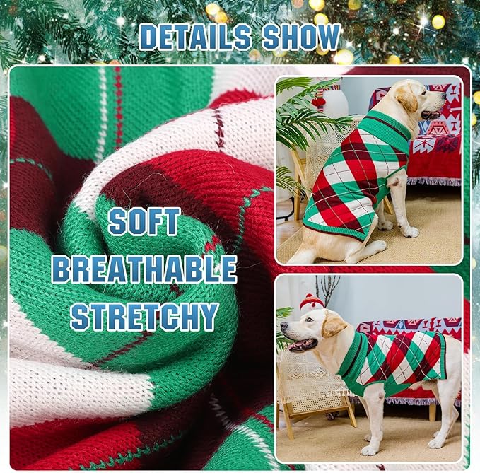 KOOLTAIL Dog Christmas Sweater Pet Knitted Clothes - Classic Plaid Pull Over Turtleneck Dog Sweaters with Leash Hole Warm Dogs Winter Clothing for Small Medium Dogs Cats Puppy (Green & Red M)