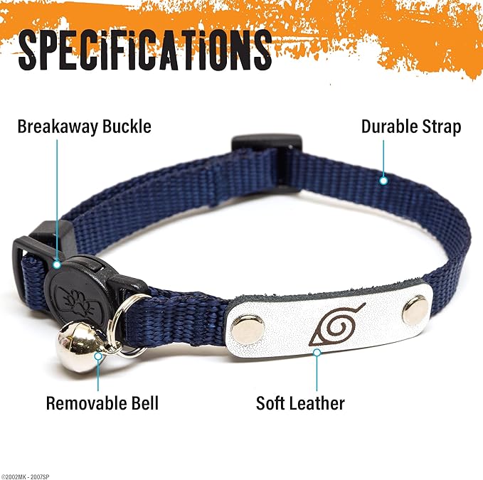 Naruto Breakaway Cat Collars for Girl & Boy Cats | Officially Licensed Naruto Shippuden Hidden Leaf Village Pet Accessories & Gifts, (8.5” to12”) Adjustable Cute Kitten Collar with Bell (Red, Ninja)