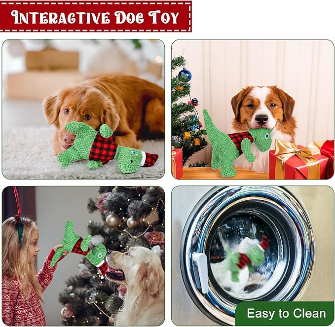 Christmas Dog Toys, Plush Stuffed Green Dinosaur Animals Toy, Squeaky Dog for Small, Medium, and Large Dogs, Interactive Dog Toys for Tug-of-War