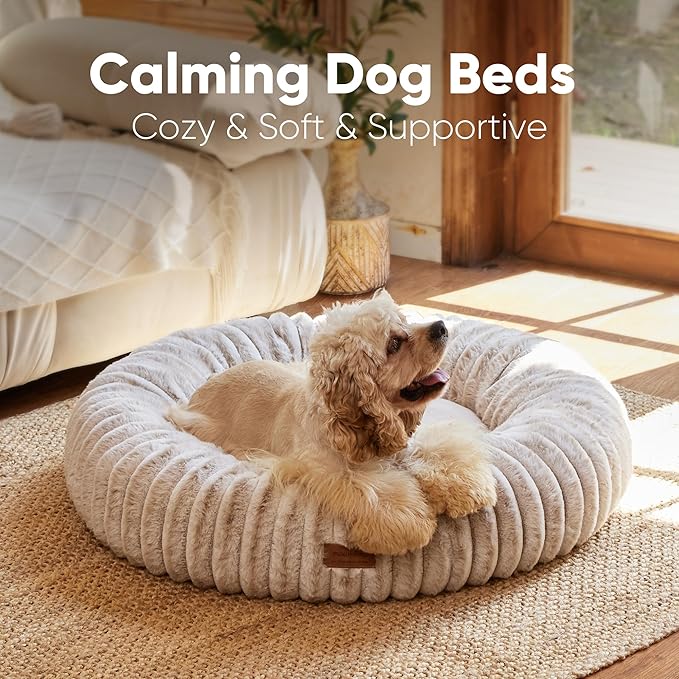 FUKUMARU Dog Bed, Calming Donut Dog Beds for Anxious Dogs, Modern Aesthetic Cat Bed with Gradient Print, Cute Round Pet Beds with Washable Cover, Orthopedic Puppy Bed, Camel, Medium, 30 inches