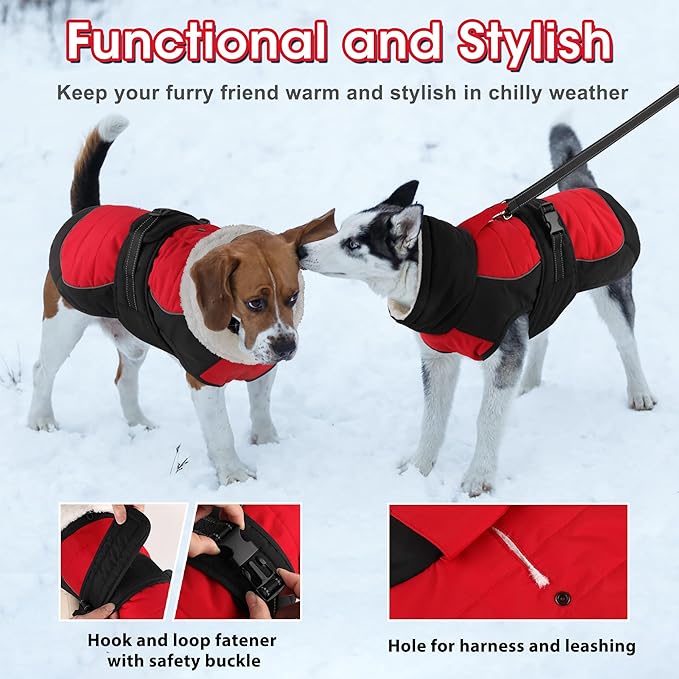 Dogcheer Dog Coat, Christmas Dog Jacket, Waterproof Turtleneck Puppy Winter Coat, Adjustable Pet Puffer Jacket, Reflective Warm Fleece Coats for Small Medium Large Dogs - Red, M