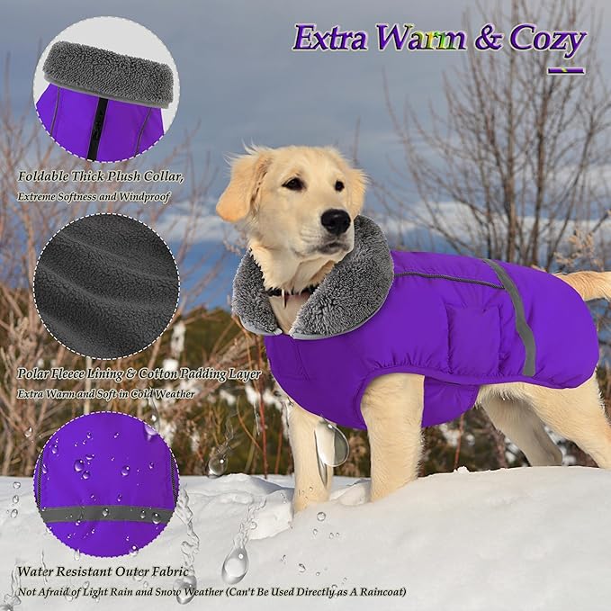 Dogcheer Warm Dog Coat, Christmas Dog Jacket Waterproof Puppy Winter Coat with Buckles, Reflective Adjustable Pet Snow Jacket Turtleneck Fleece Sweater for Small Medium Large Dogs - Purple, S