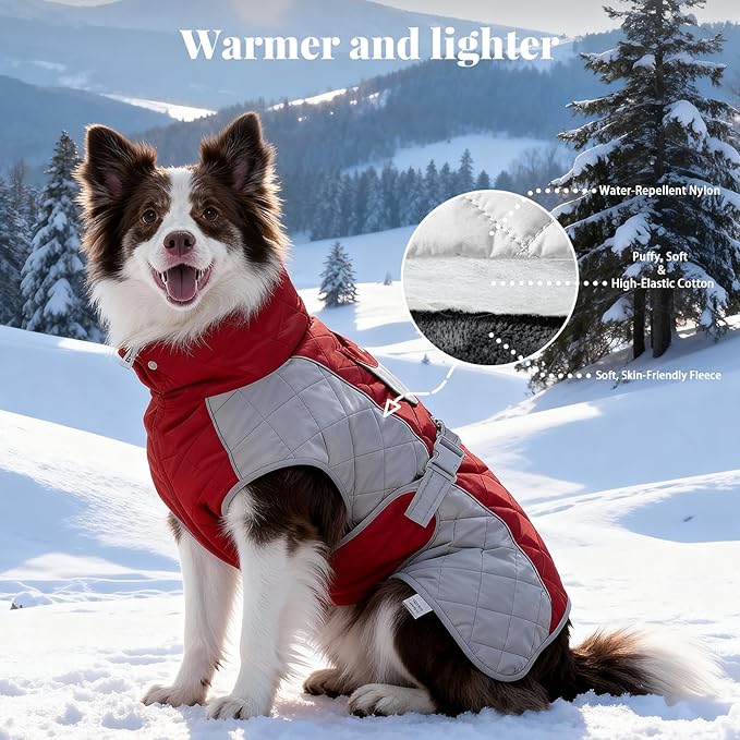 Dog Coat Dogs Winter Coat- Fleece Lined,Water-Resistant,Convertible Collar,Back Reflective Strip&Easy to Wear for Outdoor Walking Dog-Jacket(Red, Small)