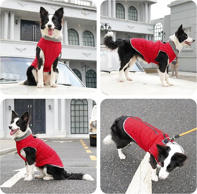 Warm Fleece Dog Coats with Durable Harness Buitl in D-Ring,Waterproof Doggie Jacket for Large Dogs,Dog Vest for Cold Winter,Red XXXL