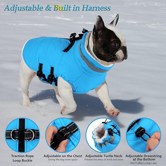 Dogcheer Dog Coat with Harness, Waterproof Dog Jacket Adjustable Pet Winter Coat with Zipper, Christmas Puppy Snow Jacket Fleece Sweater for Small Medium Large Dogs - Sky Blue S
