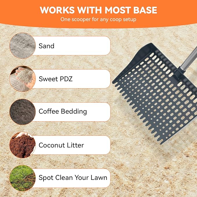 Chicken Poop Scooper & Rake 2-in-1, Pooper Scooper with 13in Wider PP Head & Adjustable Stainless Steel Handle, 33''-69'' Sand Sifting Shovel Litter Scooper for Chicken Coop/Small Farm Animals, Gray