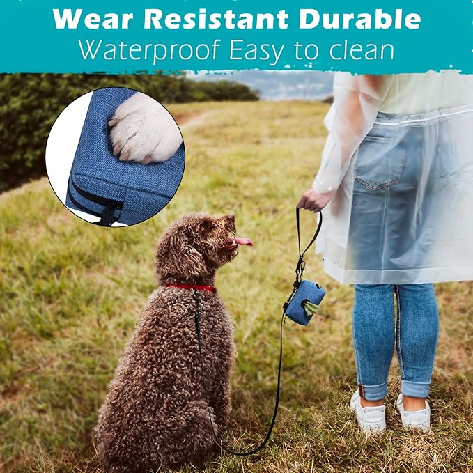 PetBonus Dog Poop Bag Holder, Portable Pet Waste Bag Dispenser, 2 Pouches for Treats and Walking Accessories, Fit All Leashes, Includes 1 Roll of Dog Poop Bags (Blue)