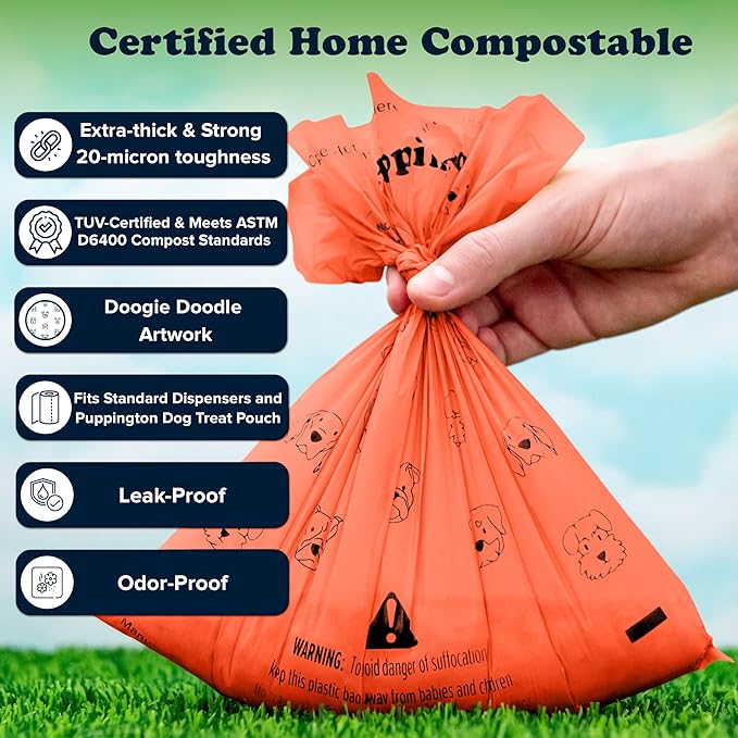 Puppington Certified Home Compostable Poop Bags - ASTM D6400 Compliant - 270 Extra Thick Bags - Plant Based - Pairs with Puppington 3-in-1 Bag & Fits all Standard Poop Bag Dispensers (Poppy Orange)