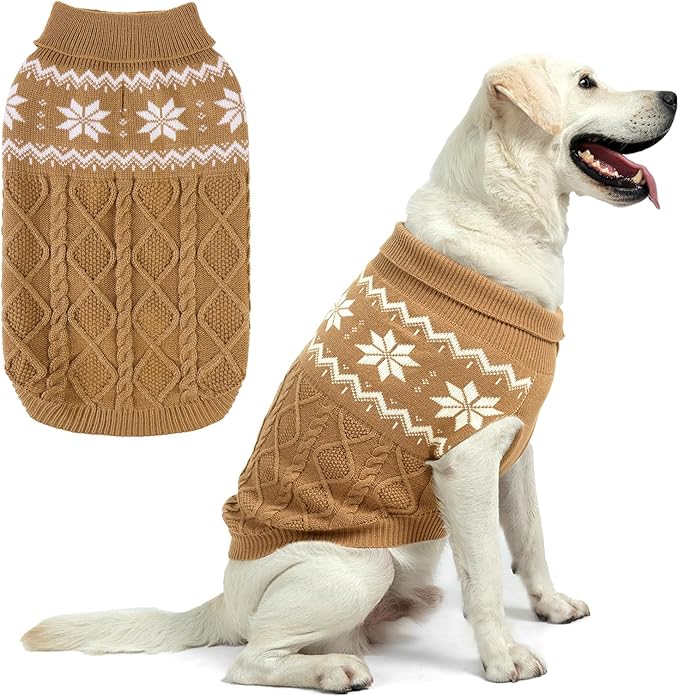 Warm Winter Dog Sweater - Cold Weather Pet Clothes for Small Medium Large Dogs Indoor Outdoor, Soft Classic Knit Puppy Apparel, Khaki, L