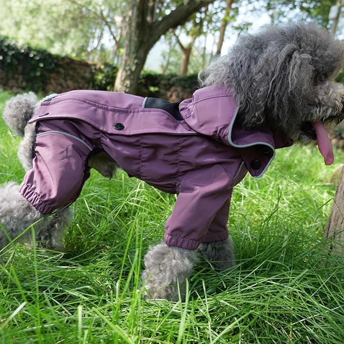 LOVELONGLONG Waterproof Dog Raincoat with Removable Hood – Outdoor Full Body Dog Jacket, Windproof Snowproof Shell Suit – All Season Pet Rain Gear Plum Purple XL