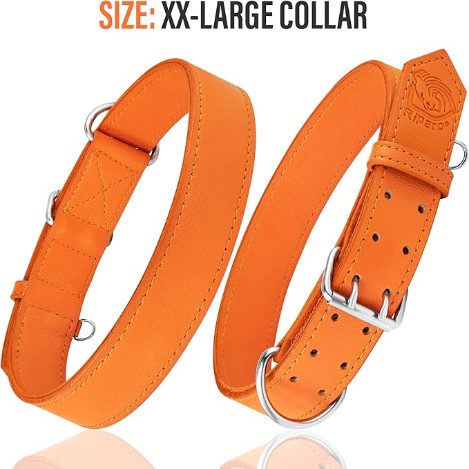 Riparo Dog Collar - Genuine Leather Dog Collars - Heavy Duty Dog Collars for Medium Large and Extra Large Dog Breeds (XL: 1.5” Wide for 22” - 26” Neck, Orange)