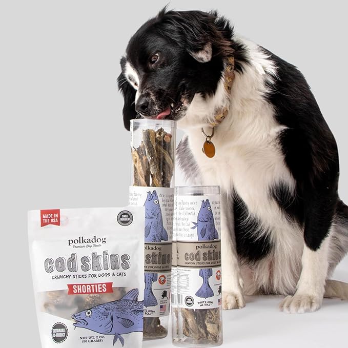 Polkadog Cod Skins for Dogs (2oz Shortie) - Single Ingredient, Wild-Caught Fish Skin Dog Treats for All Breeds – High in Lean Protein & Omega-3. Hypoallergenic, Grain Free. Handcrafted & Made in USA