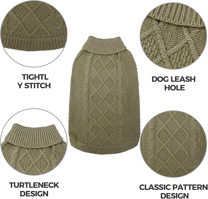 Mihachi Turtleneck Dog Sweater - Winter Coat Apparel Classic Cable Knit Clothes with Leash Hole for Cold Weather, Ideal Gift for Pet in New Year Army Green New XL