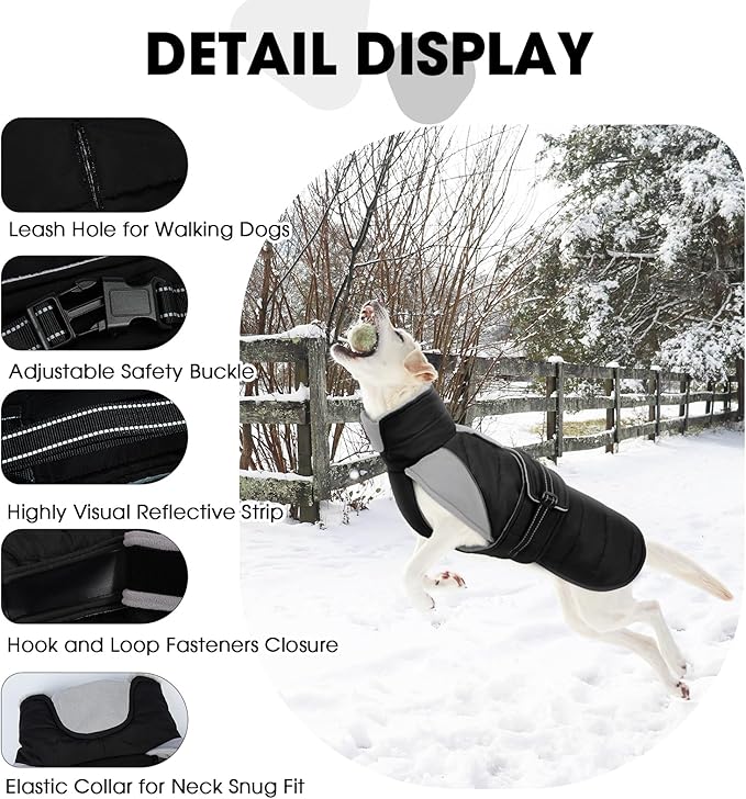 Nanaki Warm Fleece Lined Winter Coat Jacket Vest For Dogs, Waterproof Reflective Dog Snowsuit With Leash Hole, Furry Collar Medium Puppy Coat for Outdoor Walking Hunting, Easy On Pet Snowsuit Black XL