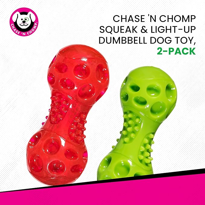 Chase 'n Chomp Squeak and Light Up Dumbbell Dog Toy, Mental & Physical Stimulation, Small, 2 Pack